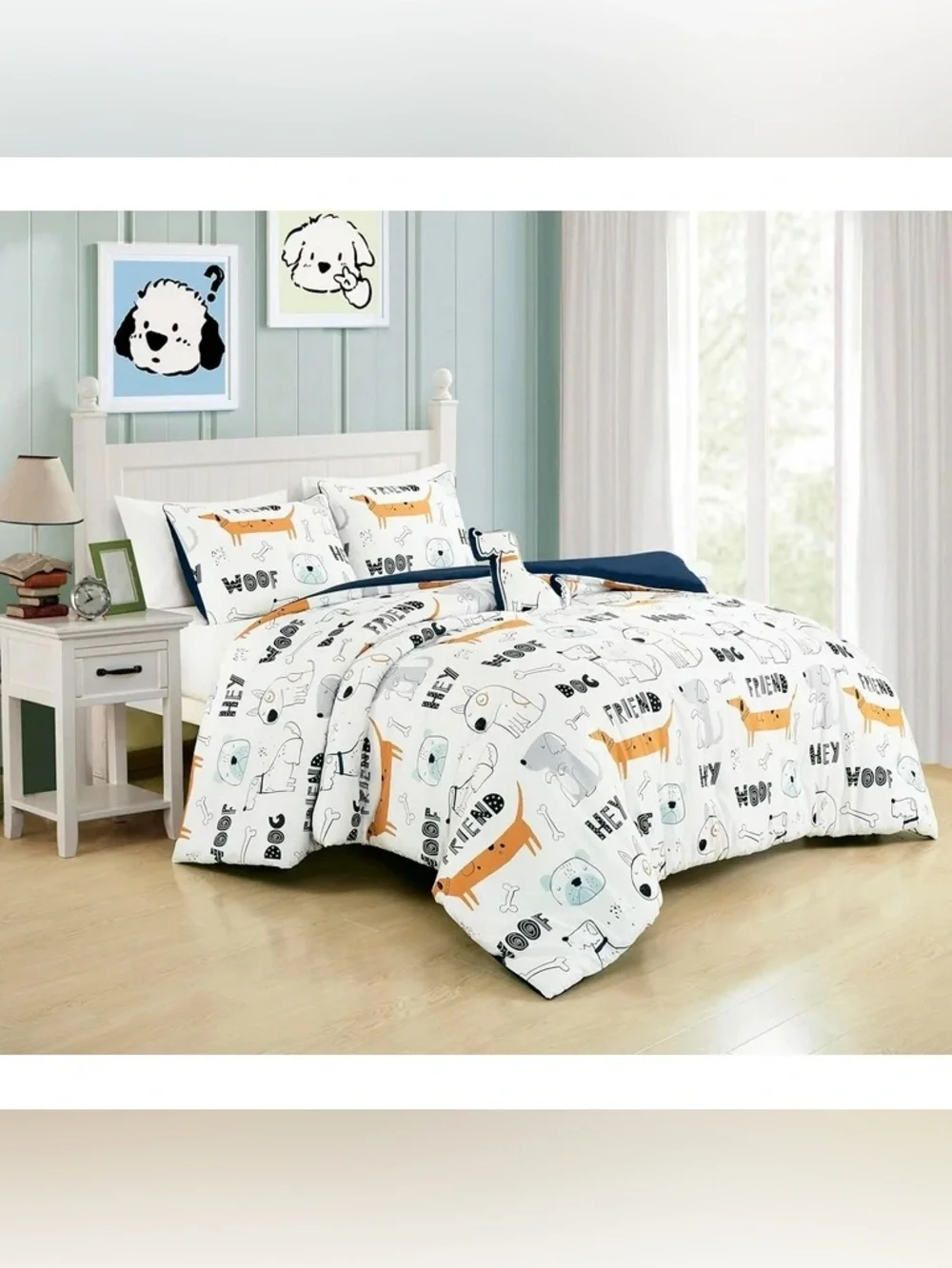 Dog Print Full/Queen 3 piece Comforter Set in White and Tan